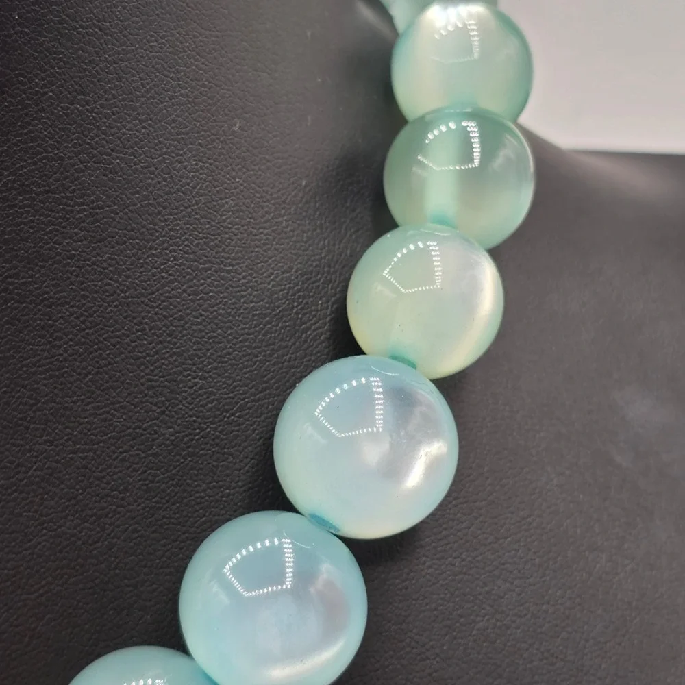 Seafoam Green Blue Cat Eye Graduated Bead Necklace Silver Tone Adjustable Clasp